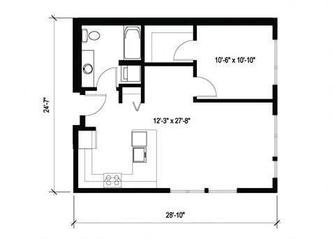 Floor plan for 1 bed, 1 bath, 688 sqft